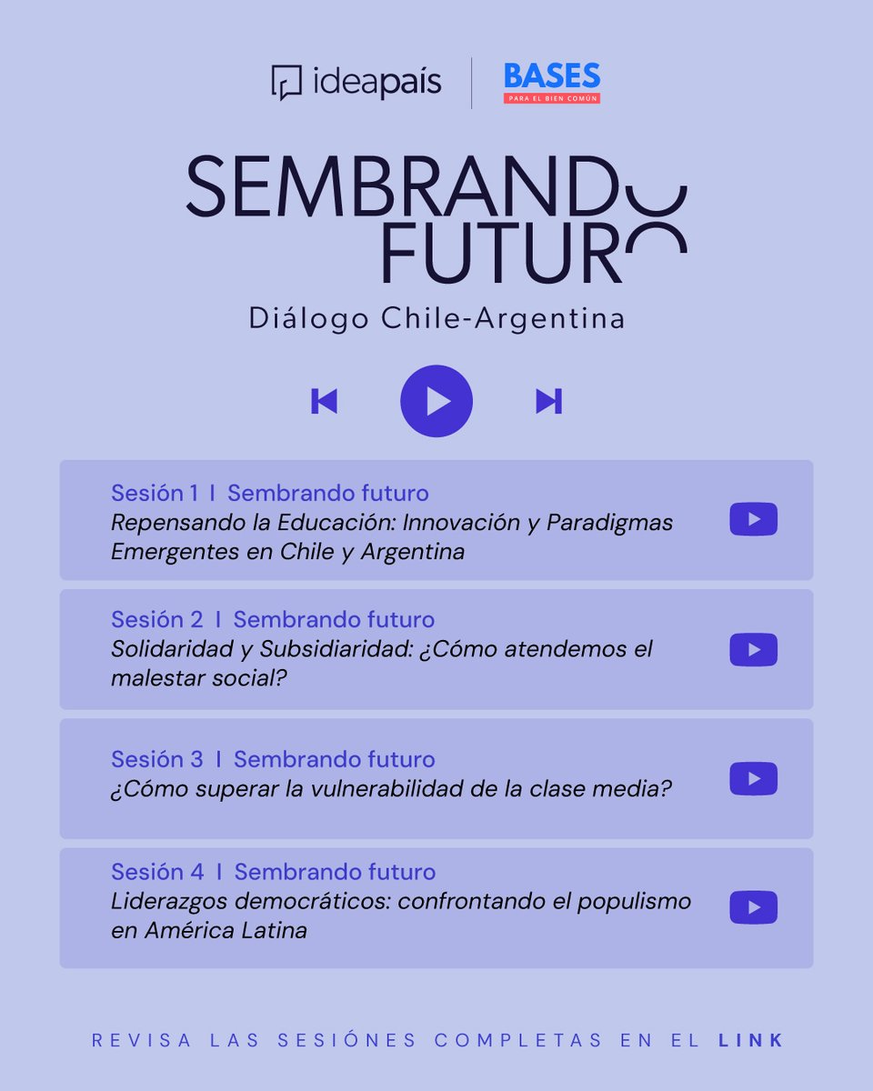 Los invitamos a escuchar las sesiones del ciclo de charlas “Sembrando Futuro - Diálogo Chile-Argentina” 🇨🇱🇦🇷, en el que trabajamos en conjunto con <a href="/basesbiencomun/">Bases para el Bien Común</a> y donde abordamos temas contingentes y de interés para ambos países 🙌🏻.

Revive cada una de ellas en nuestro canal de