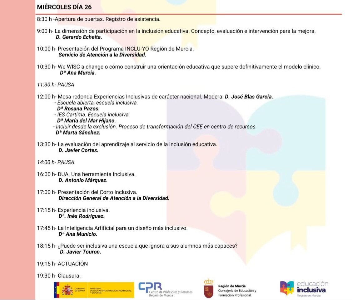 CPRRegionMurcia's tweet photo. 📢 ATENCIÓN a este nuevo #Congreso para 👉 todos los puestos docentes en colaboración con @inclusivarm
Programa #Incluyo 🫂
⌚️12 horas
🗓 25 y 26 de febrero
📍En @teatrocircomur
✍️Inscripción hasta 16/02
Más info código 0309 en 👇
https://t.co/21oPfIY3CN
@Educarm @sifopcarm https://t.co/f361YrLM8G