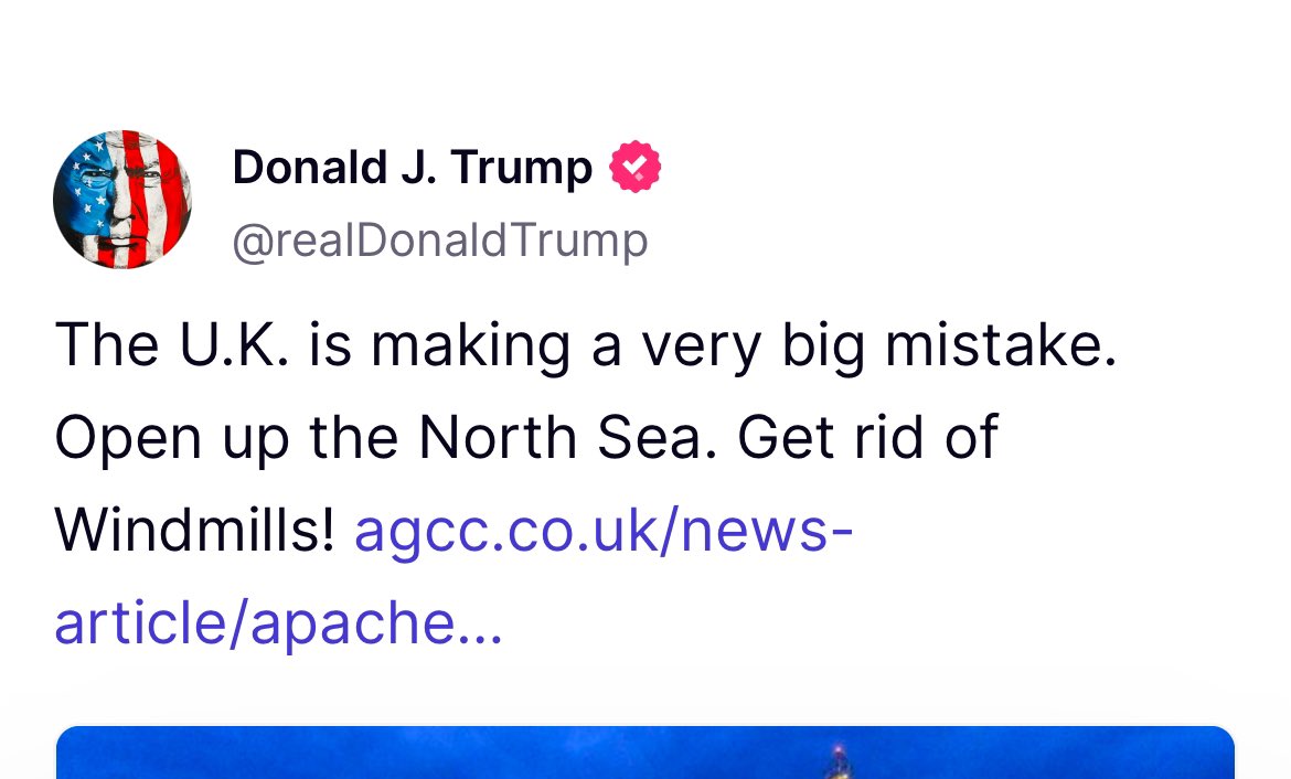 Het gedonder begint al. Of Engeland en Nederland maar even de windmolens op de Noordzee weg willen halen om de ruimte te geven aan Amerikaanse olieboringen. Er gaat echt een gek het Witte Huis in. agcc.co.uk/news-article/a…