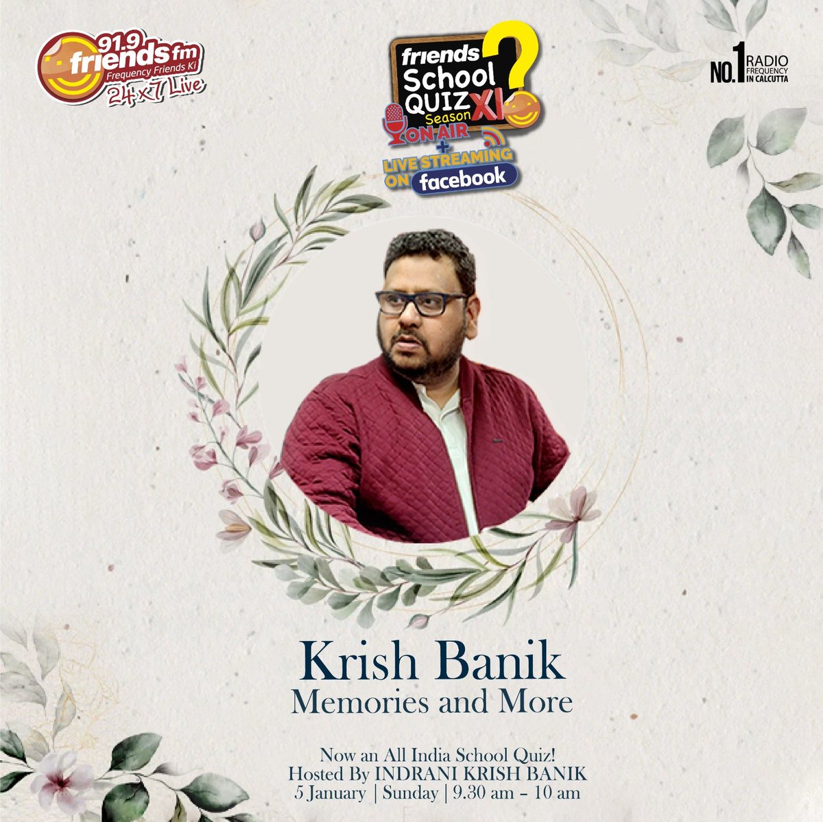 919FriendsFm's tweet image. Relive the magic of Friends School Quiz with Krishnendu Banik once again on Sunday 5th January for this Special Episode of FSQ with Krishnendu Banik : Memories and More. ❤️💐😊
.
.
.
#919FriendsFM #Rjkrish #FSQ #FriendsSchoolQuiz #krishnendubanik #Memories&amp;amp;More