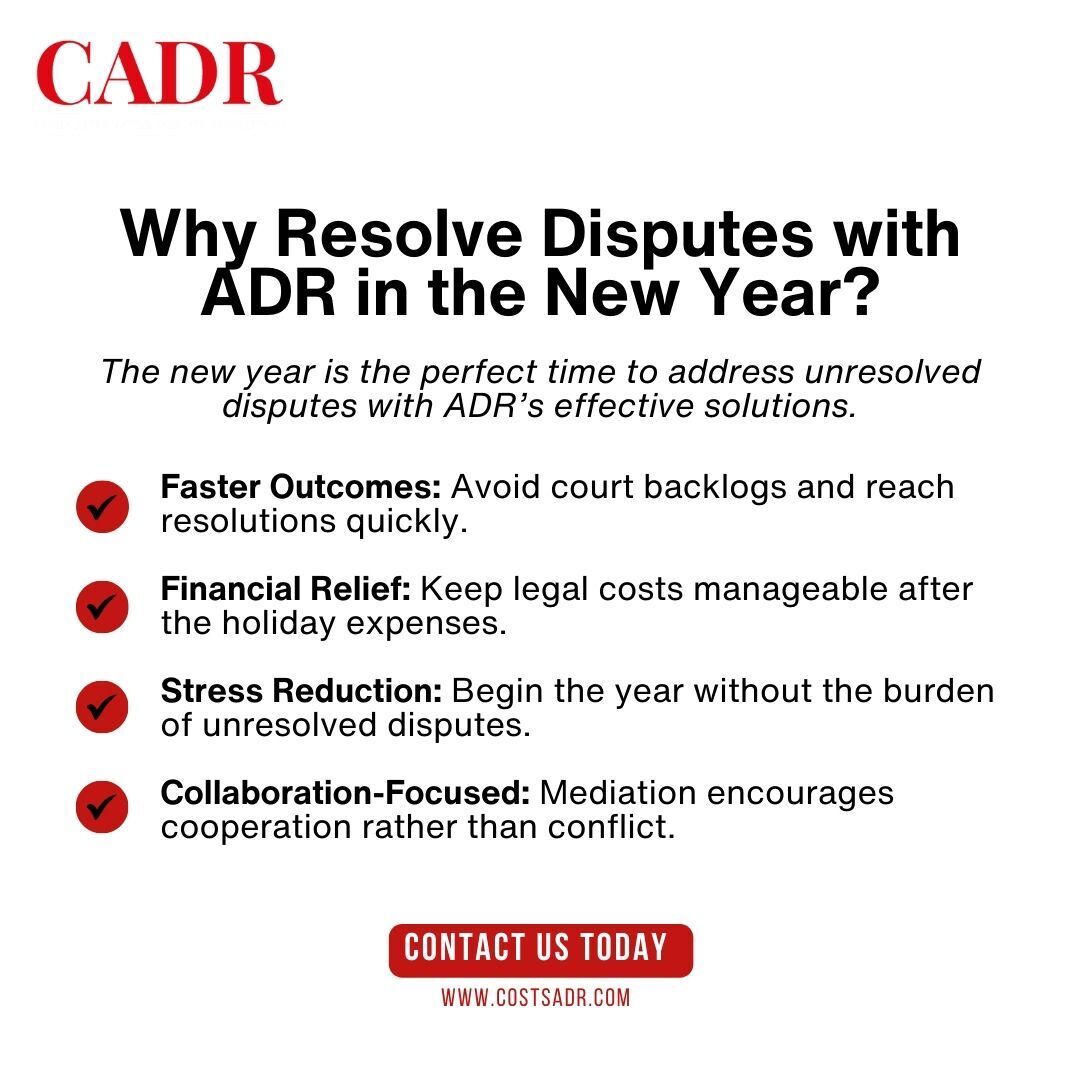 CostsADR's tweet photo. Why wait? The New Year is the perfect time to resolve disputes with ADR 🌟. Speedy resolutions, financial relief, and less stress – get the year started right by focusing on cooperation rather than conflict 🤝 https://t.co/orCGPOKjQb