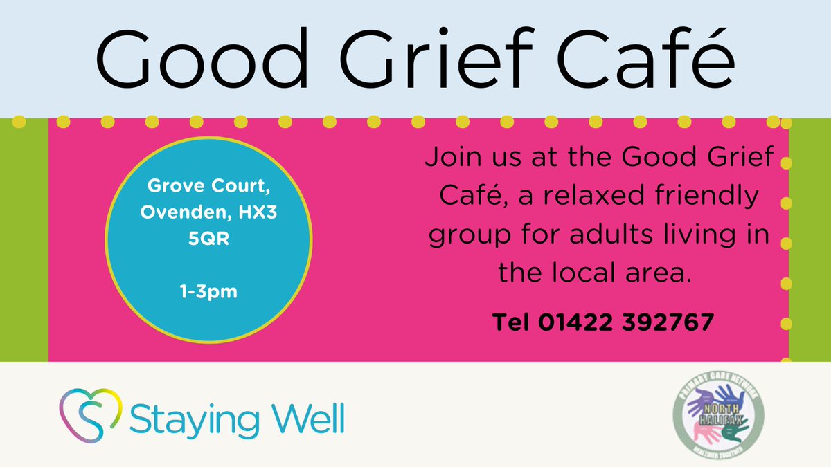 Are you going through the grieving process and would like to talk to others in a similar situation?

The Good Grief Café is on Wednesday 8th January at Grove Court, Ovenden between 1-3pm. 

You can find out more here 👇
northhalifaxpartnership.org/events/good-gr…

#CommunityEvent #Grieving