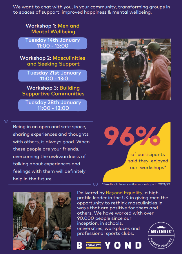 SuttonCarers's tweet image. This month, we are excited to host @beyond_equality for 3 Men's #WellbeingWorkshops, specifically for male #unpaidCarers #YoungAdultCarers 18+.  Take advantage and sign up on the SCC website 💜‍🙋‍♂️🕚 Know a #maleCarer who could benefit?  Please Share! 🙌