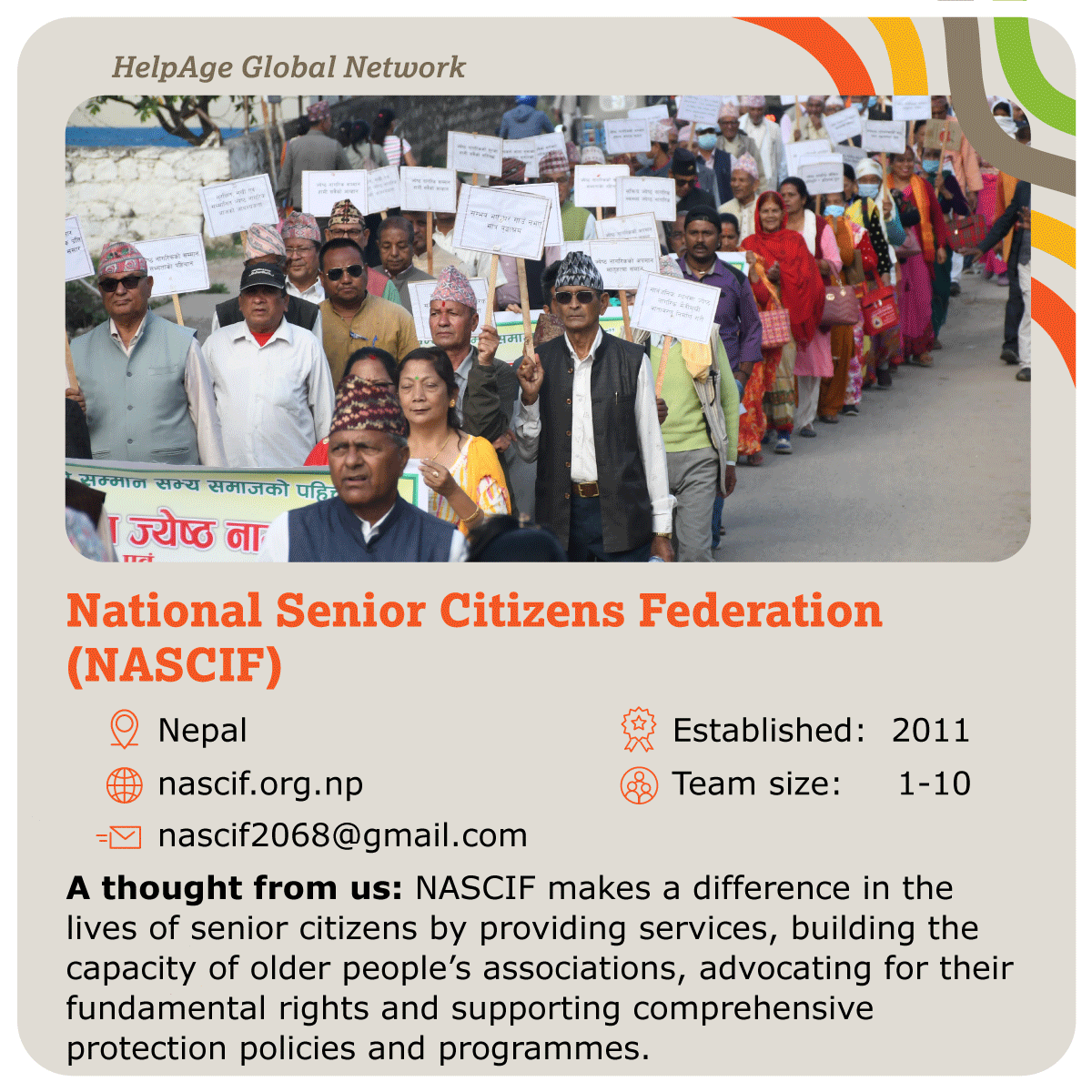 HelpAge's tweet photo. 🌍 Discover #HelpAgeNetwork member: National Senior Citizen Federation (NASCIF), Nepal
They advocate for #OlderPeoople's rights and provide training and care.
Learn more: https://t.co/Rex1yvzKg1
Follow us for more #HelpAgeNetwork cards and collect them all!
#partnerships https://t.co/IJIQUfL6yZ