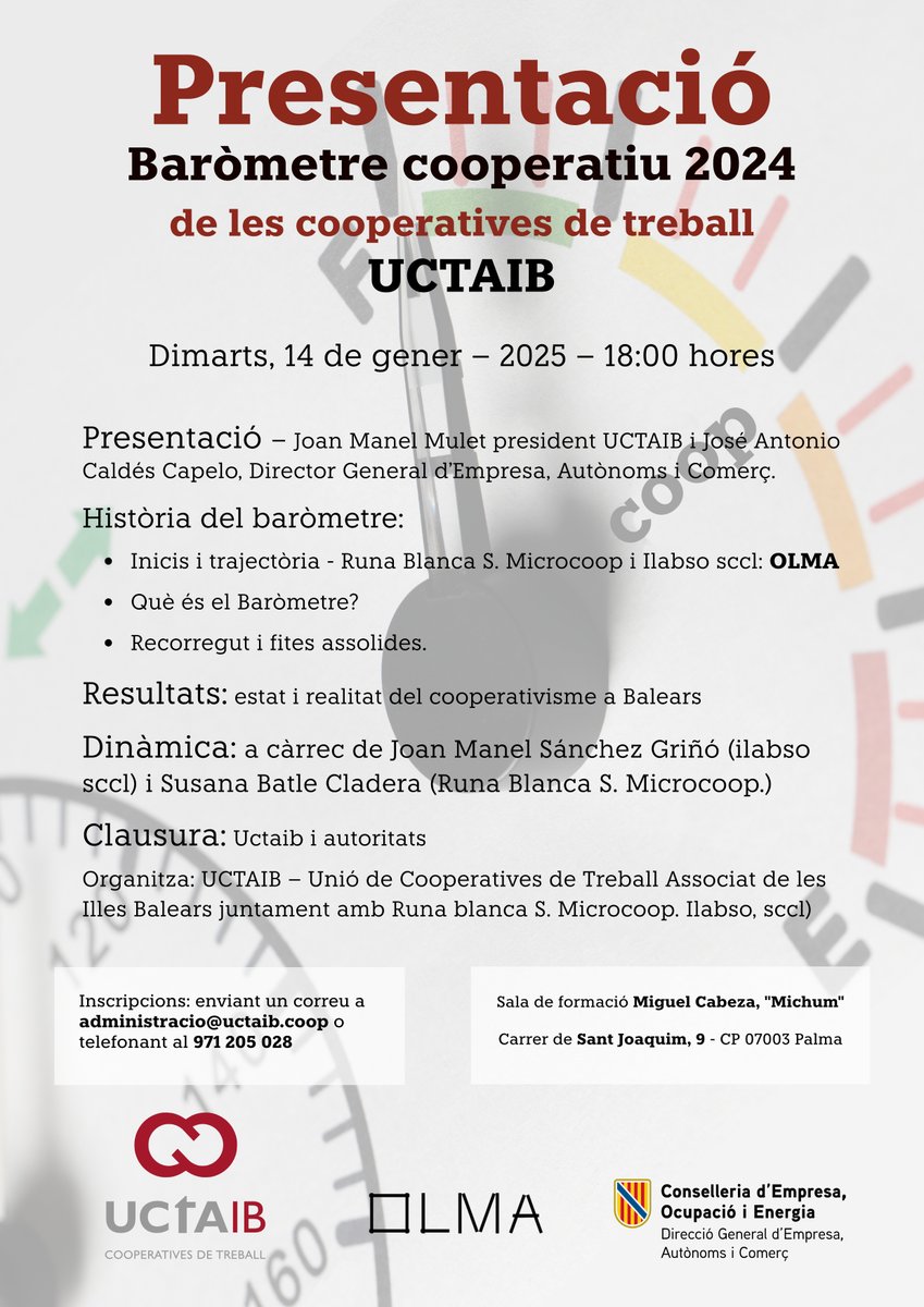 El 14 de gener a les 18.00 h, <a href="/uctaib/">uctaib</a> organitza la presentació dels resultats del Baròmetre Cooperatiu de les Illes Balears 2024

Es farà un diagnòstic de l'estat del cooperativisme i una proposta d'actuació mitjançant una dinàmica cooperativa