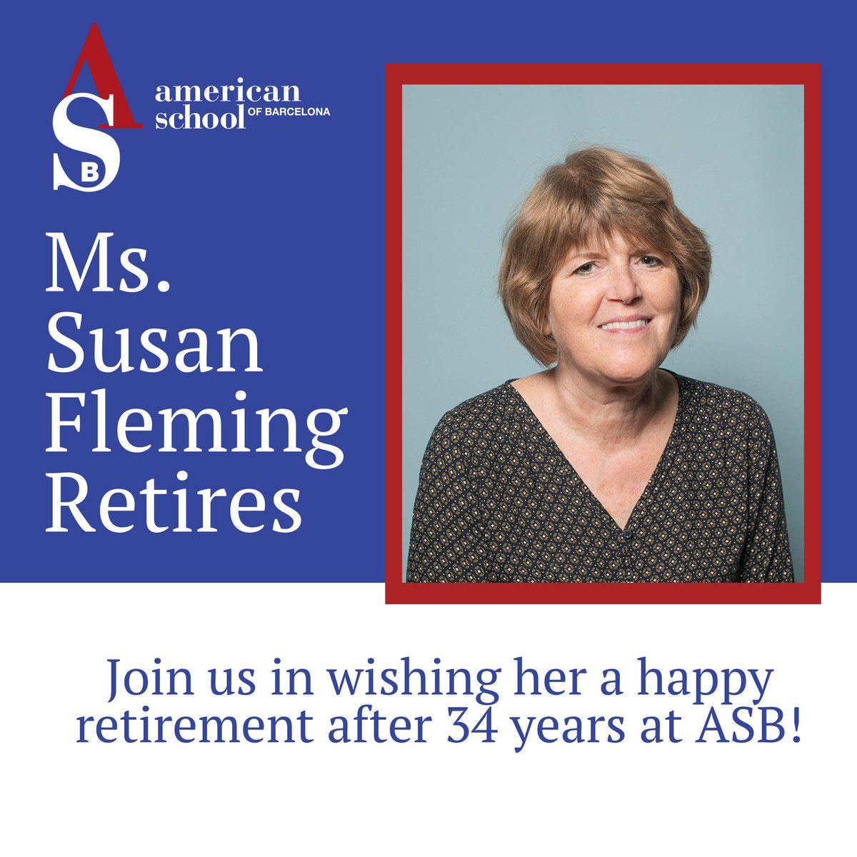 Ms. Susan Fleming, our longtime librarian, is retiring after 34 years <a href="/ASBschool/">American School of Barcelona</a> ! Join us in wishing her a very happy retirement - thank her, remind her of something from the past, make her smile, make her laugh! Padlet 🔗 here: asbarcelona.padlet.org/mcollin20/ms-s…