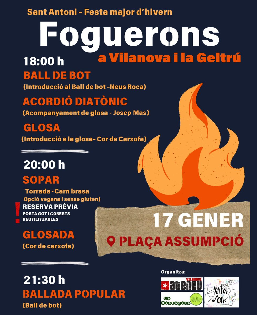 🔥Aquest 2025 per la #FestaMajordHivern portem una aposta nova: us presentem la 1a edició dels Foguerons de Sant Antoni!

📍Plaça de l'Assumpció (la Geltrú)
🗓️ Divendres 17 de gener (Sant Antoni)
⚠️ Cal reserva prèvia pel sopar i els tallers