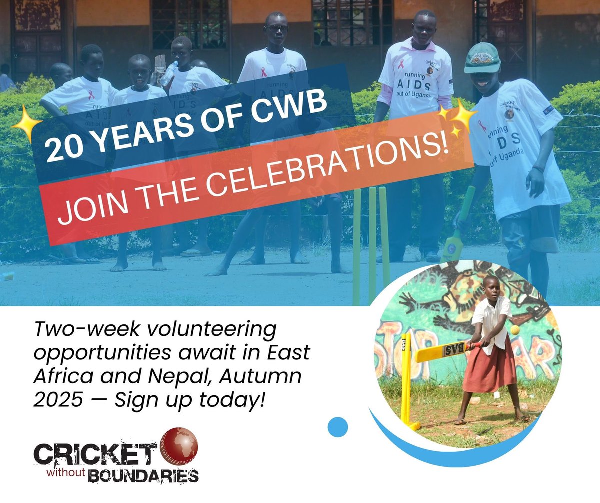 Happy new year, happy new opportunity? It’s our 20th year &amp; our volunteer recruitment for Autumn 25 starts today. Support the growth of thousands of kids in East Africa or Nepal through cricket: shorturl.at/cd4ge

#CricketTwitter #CricketDevelopment #cwb20th