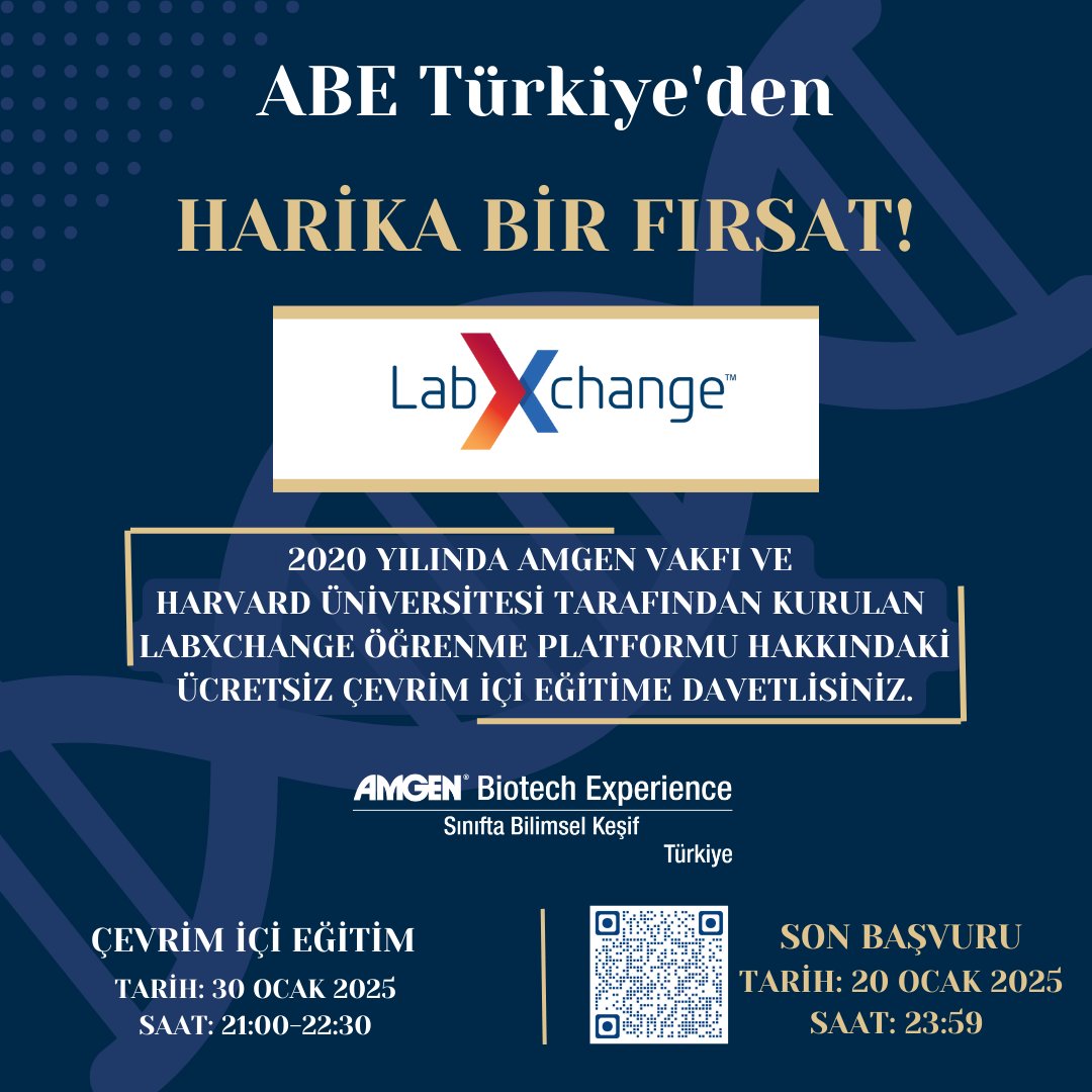 🎓 Fen bilimleri branşlarındaki öğretmenlere özel, ücretsiz LabXchange Eğitimi başlıyor! 💻

🔗 Başvuru İçin: forms.gle/3wxXmV4FJdy1og…

#kalkınmaatölyesi #amgenvakfı #EDC #biotechexperience
<a href="/kalkinmatolyesi/">Kalkınma Atölyesi</a> <a href="/amgen_turkiye/">Amgen Türkiye</a> <a href="/EDCtweets/">edc.org</a> <a href="/ABEProgOffice/">Amgen Biotech Experience (ABE) Program Office</a>