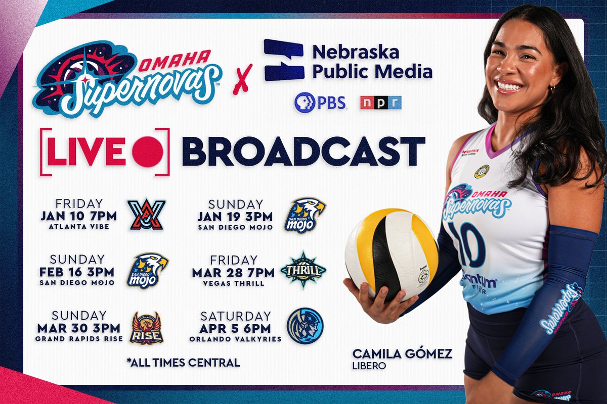 📺 The Omaha Supernovas are excited to announce that we are partnering with <a href="/NebPublicMedia/">Nebraska Public Media</a> to broadcast 6 home matches during the 2025 season! Catch all the action with veteran broadcaster Larry Punteney &amp; Olympian Nancy Metcalf calling the games. Learn more through the link