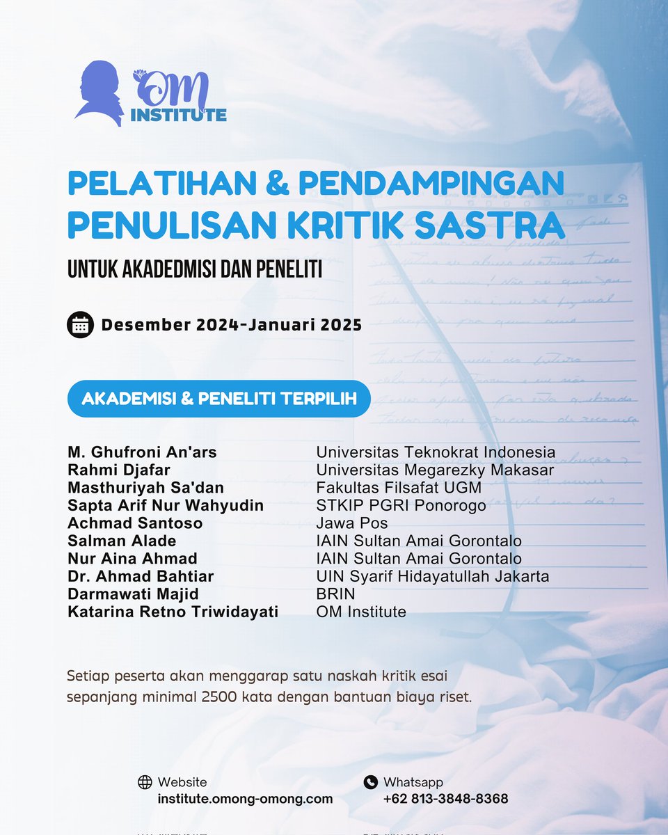 omenulis_'s tweet photo. Program pelatihan dan pendampingan penulisan kritik sastra untuk akademisi dan peneliti di bidang sastra dan bahasa. https://t.co/bUAwoVmJSz