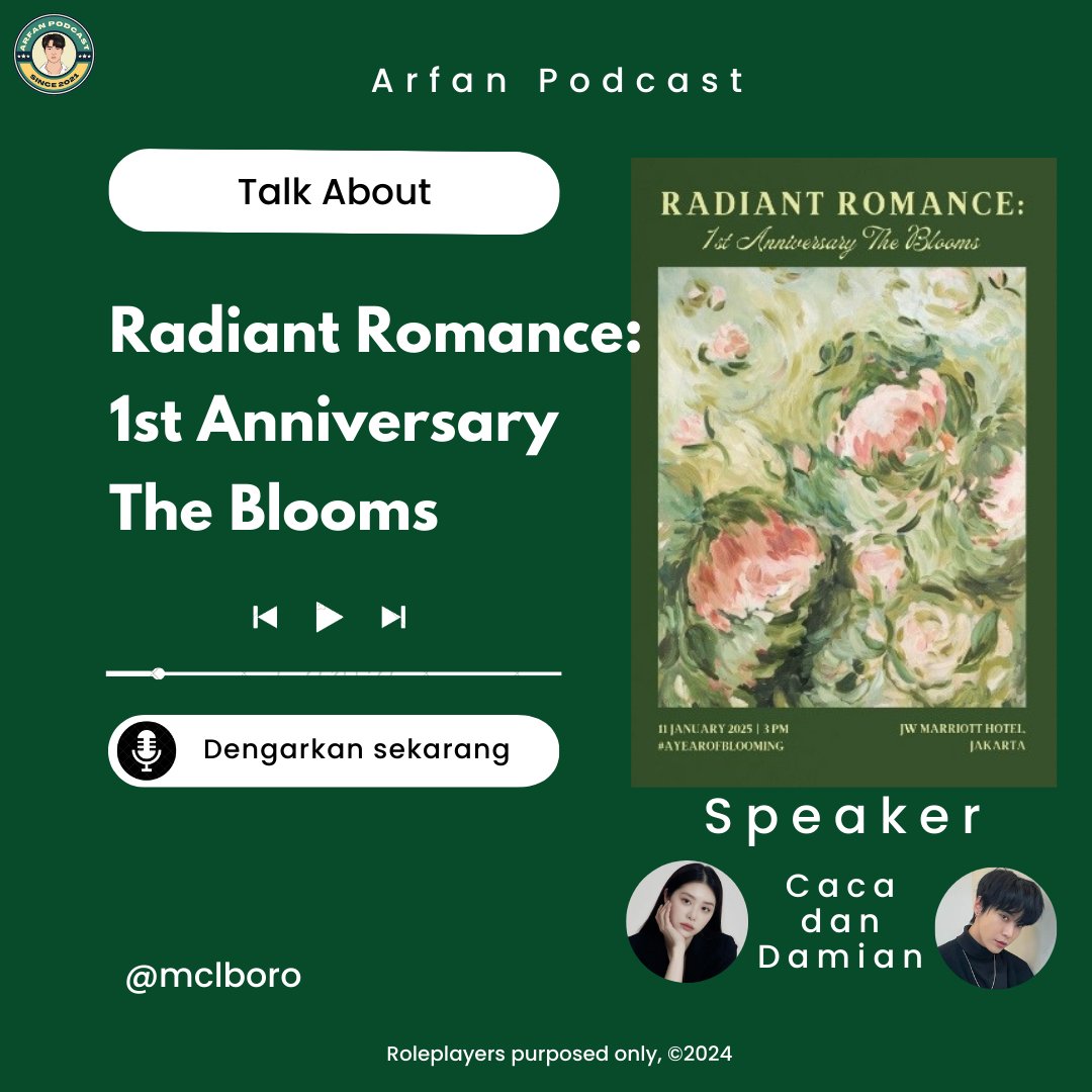 ️

        ━━━━━━━━━━━━━━━━
             Podcast Talk About
               Radiant Romance
    1st Anniversary: The Blooms
        ━━━━━━━━━━━━━━━━

On air tonight at 7.30 PM with speaker : Caca &amp; Damian.
Stay tune!

️