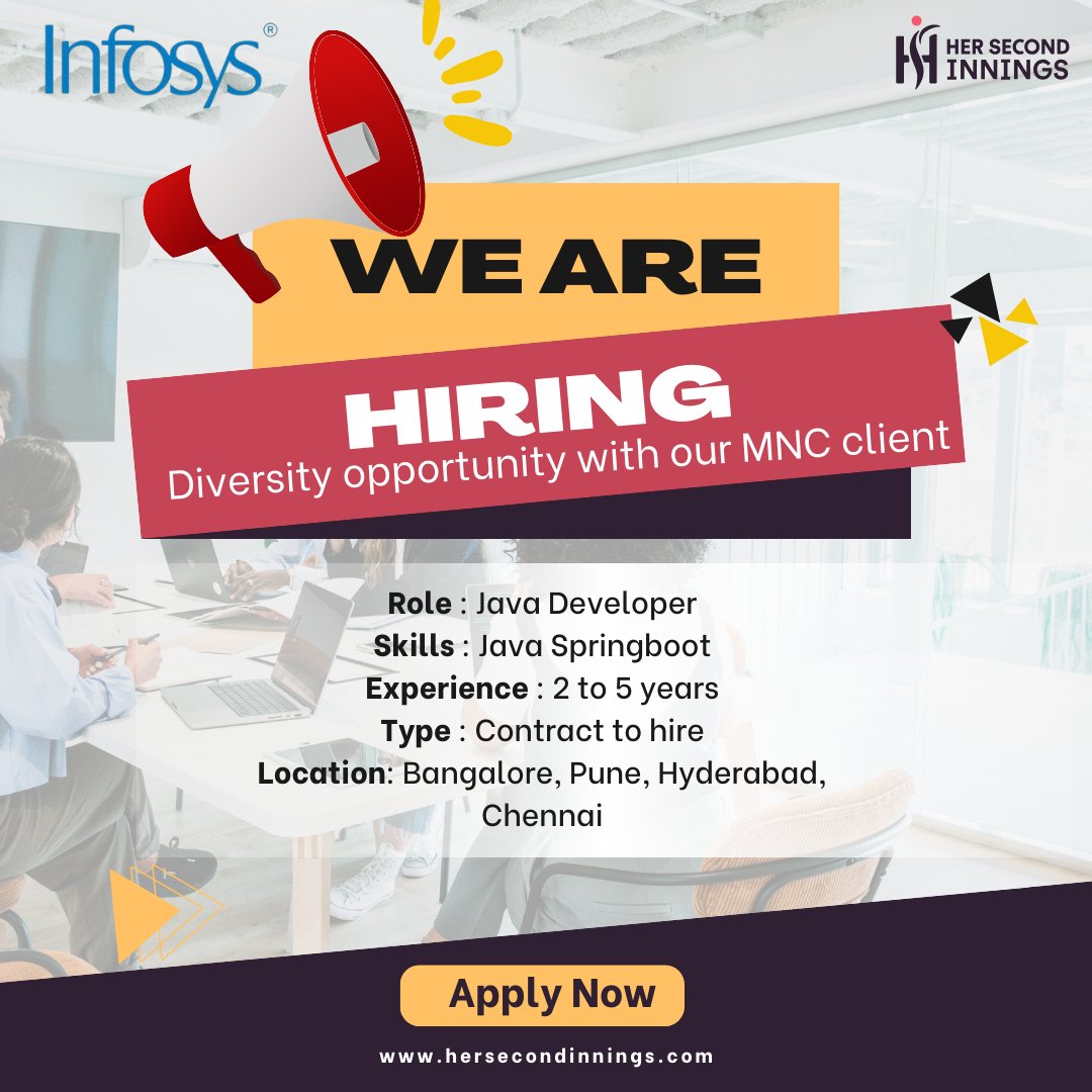 her2nd_innings's tweet image. 🚀 Senior Consultant - Java Springboot with Angular
📍 Location: Bangalore
🗓 Experience: 3 to 8 years
Take the next step in your career—apply now:hersecondinnings.com/job-details/?j…
#JavaSpringboot #Angular #HiringNow #ConsultantJobs