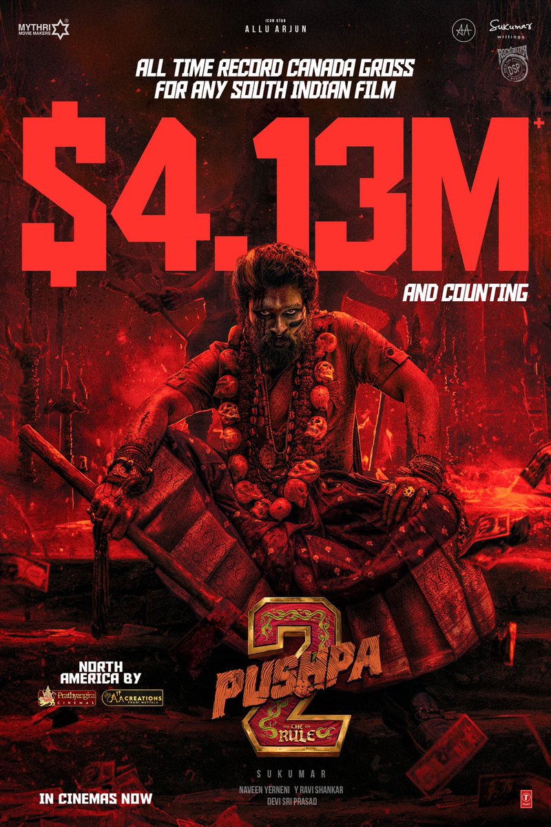 PushpaMovie's tweet image. Records Rappaaaaa Rappaaaa 🪓❤️‍🔥🔥

ALL TIME RECORD GROSS FOR ANY SOUTH INDIAN FILM 💥💥💥

#Pushpa2TheRule  continues its RECORD BREAKING RUN at the North America Box office 🤙🏻🤙🏻🤙🏻

#AlluArjun  #Pushpa2  #WildFirePushpa