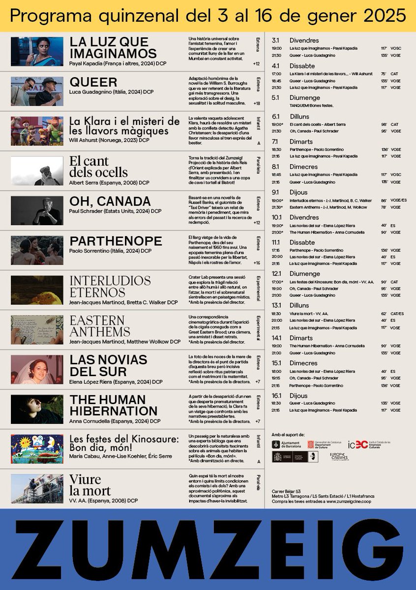 Inici de l'any al #Zumzeig 👑

Grans estrenes, cinema experimental, sessions especials, un curt que ha passat pels millors festivals i la nostra tradició de cada 6 de gener! 🐪

Veniu a explicar-nos com vau acomiadar el 2024 🌠

🗓️zumzeigcine.coop/cinema/calenda…