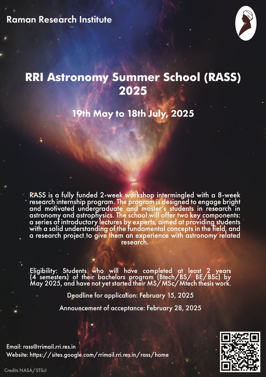 Saurabh Singh (@saurabh_astro) on Twitter photo We are delighted to announce <a href="/RRI_Bangalore/">Raman Research Institute</a> Astronomy Summer School 2025! It comprises a 2-week lecture series intermingled with an 8-week research internship program, intended for undergraduate and masters students.
More details: sites.google.com/rrimail.rri.re… We are delighted to announce <a href="/RRI_Bangalore/">Raman Research Institute</a> Astronomy Summer School 2025! It comprises a 2-week lecture series intermingled with an 8-week research internship program, intended for undergraduate and masters students.
More details: sites.google.com/rrimail.rri.re…