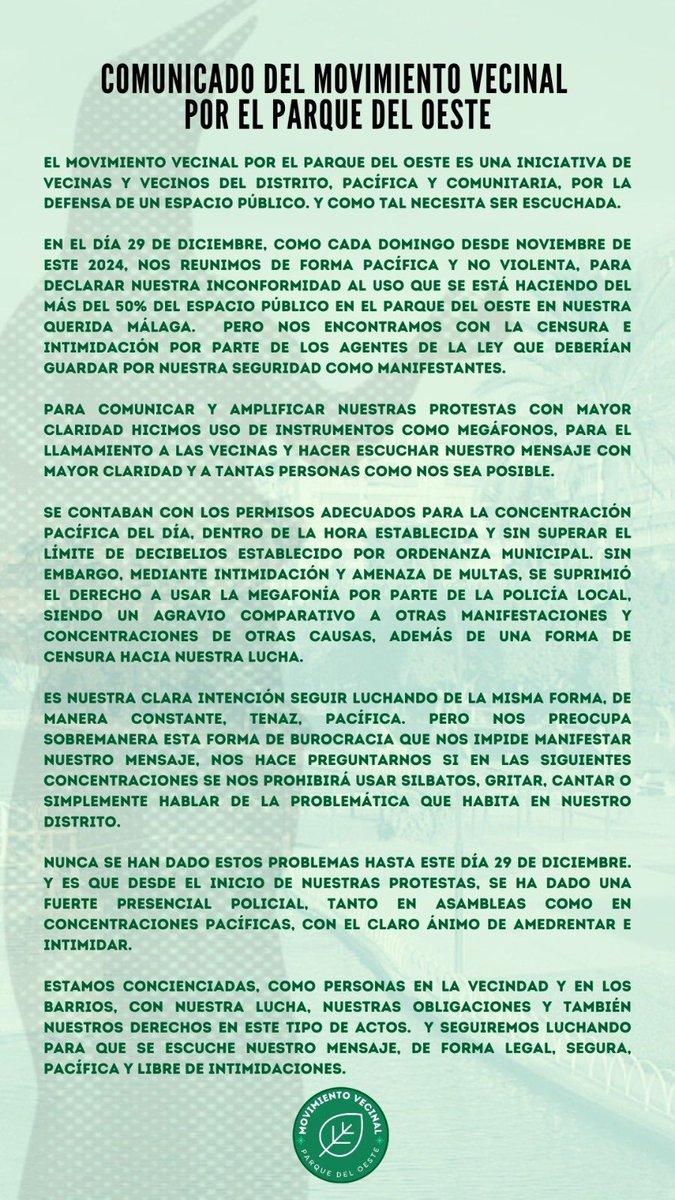 📰Comunicado sobre la actuación de la policía local de <a href="/malaga/">Ciudad de Málaga</a> en las concentraciones pacíficas, legales y seguras convocadas por el Movimiento Vecinal por el Parque del Oeste