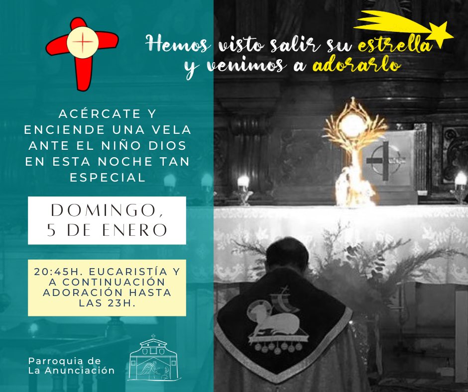 ⭐️ ”Al ver la estrella, se llenaron de inmensa alegría” ⭐️

Como cada 5 de enero, celebramos nuestra fiesta en ADORAR. Después de la cabalgata acércate a adorar al Niño Dios hecho Pan. Trae a los más pequeños. 

⛪️ 20:44h. Eucaristía 
⚪️ 21:30h. Adoración
✝️ 23:00h. Bendición