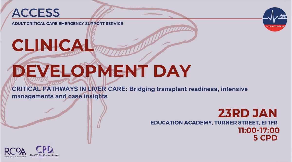 New year, new #ClinicalDevelopmentDay! 🗓️ This session dives into sick liver patients—their physiology, transfer prep, and patient experience. All are welcome! Sign up here: form.jotform.com/243473020300338 #LiverFailure #Transplantmedicine #Criticalcare #CPD