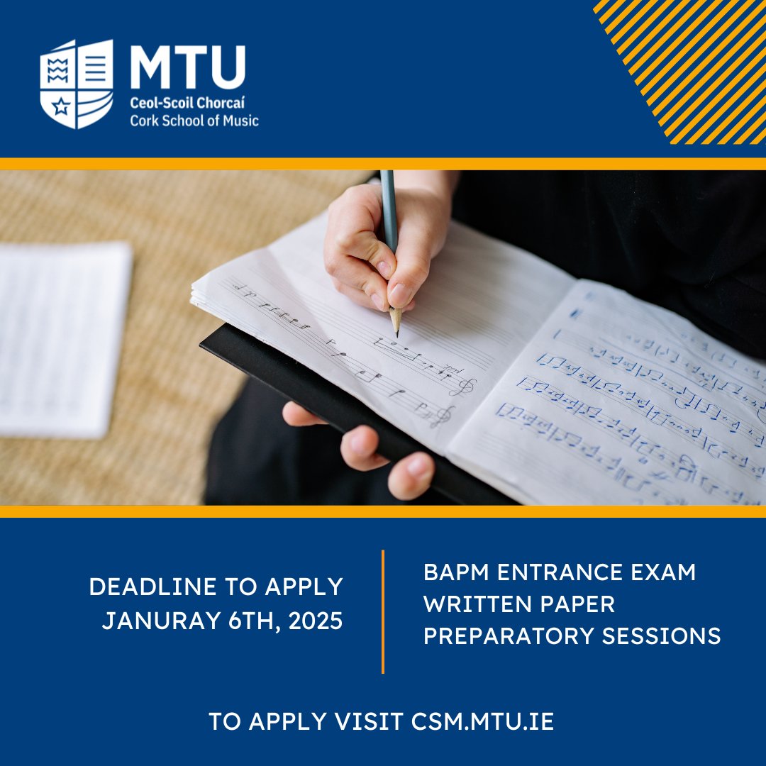 Interested in applying for our BA Popular Music (MT931 - MT935)? We are running a series of info sessions that prepare students for the written paper part of the entrance exam, online &amp; in person. Deadline to apply for a slot is January 6th, 2025.

Apply: csm.mtu.ie/bapm_entrance