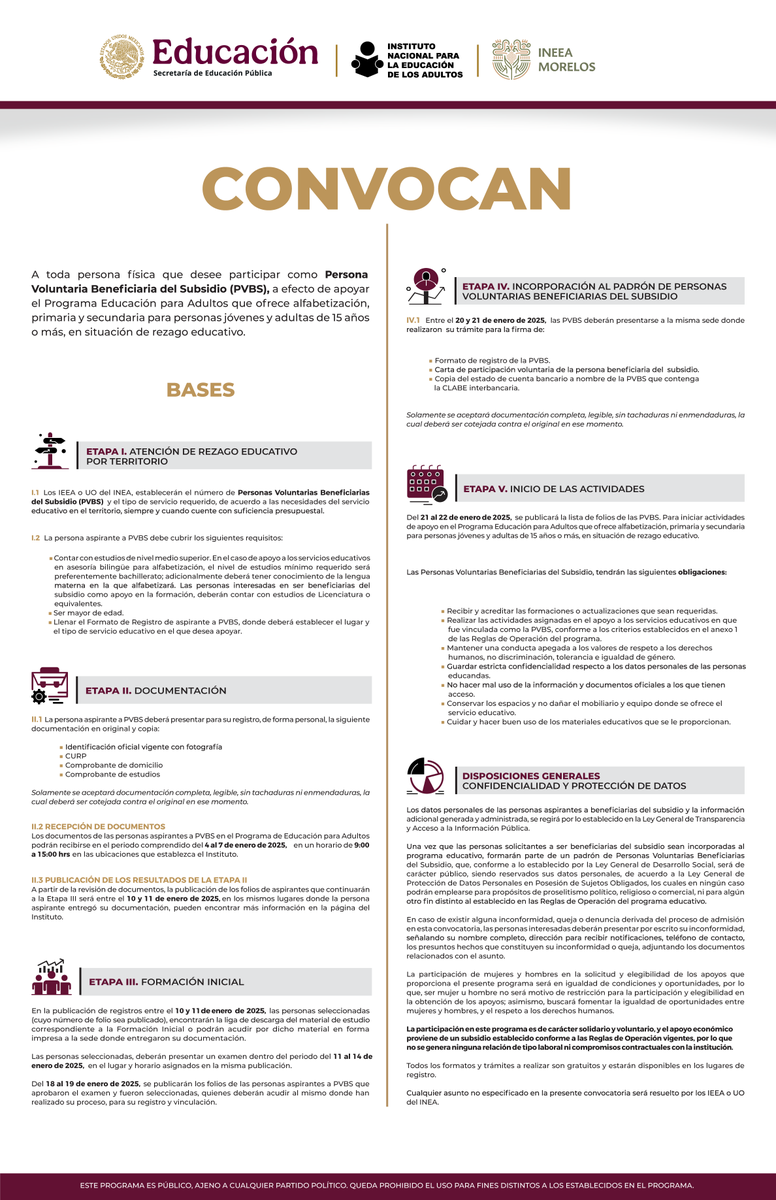 ¡Únete al esfuerzo por la educación! 📚✨ Consulta las bases de la convocatoria para ser Persona Voluntaria Beneficiaria del Subsidio (PVBS) y colabora en la alfabetización de quienes más lo necesitan. 📝 Juntas y juntos podemos transformar vidas. 💡
#INEEAMorelos #PVBS2025