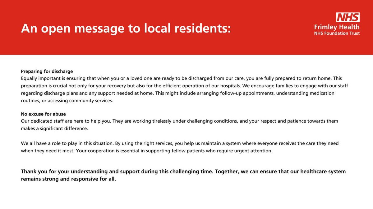 Frimley Health NHS Foundation Trust π (@frimleyhealth) on Twitter photo β οΈ An open message to local residents - we are currently experiencing extreme pressures in our emergency departments.
<a href="/tblho/">Dr Timothy Ho</a>, Chief Medical Officer, & <a href="/vanlimborgh/">Melanie van Limborgh</a>, Chief of Nursing & Midwifery have prepared the following open letter to the local community.
<a href="/FrimleyHC/">FrimleyHealth&CareICS</a> β οΈ An open message to local residents - we are currently experiencing extreme pressures in our emergency departments.
<a href="/tblho/">Dr Timothy Ho</a>, Chief Medical Officer, & <a href="/vanlimborgh/">Melanie van Limborgh</a>, Chief of Nursing & Midwifery have prepared the following open letter to the local community.
<a href="/FrimleyHC/">FrimleyHealth&CareICS</a>