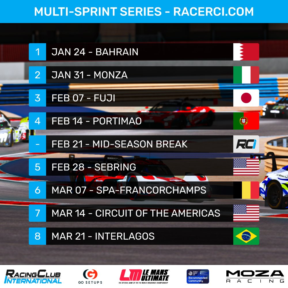 RCI_Racing's tweet image. RCI's Friday Championship is back, but this time in @LeMansUltimate!

🏁 | Hypercars &amp;amp; LMGT3
🌍 | 8 races
⏱️ | 60-minute sprints

📅 | Fridays
🟢 | 19:00 GMT / 20:00 CET
📢 | Broadcasted on YouTube &amp;amp; Twitch

Register now via our website and book your place on the grid!…