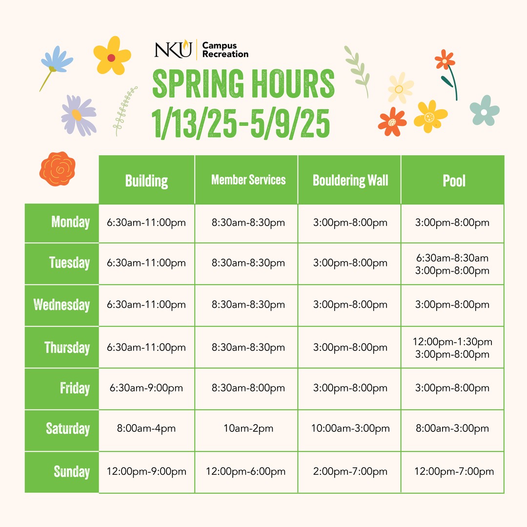 nku_camprec's tweet image. 🌷 CRC Spring Hours! 🌷

We’ve updated our hours for the spring! Please visit our website for all of the details! 📆⭐

#NKUCampusRec #SpringHours #fitness