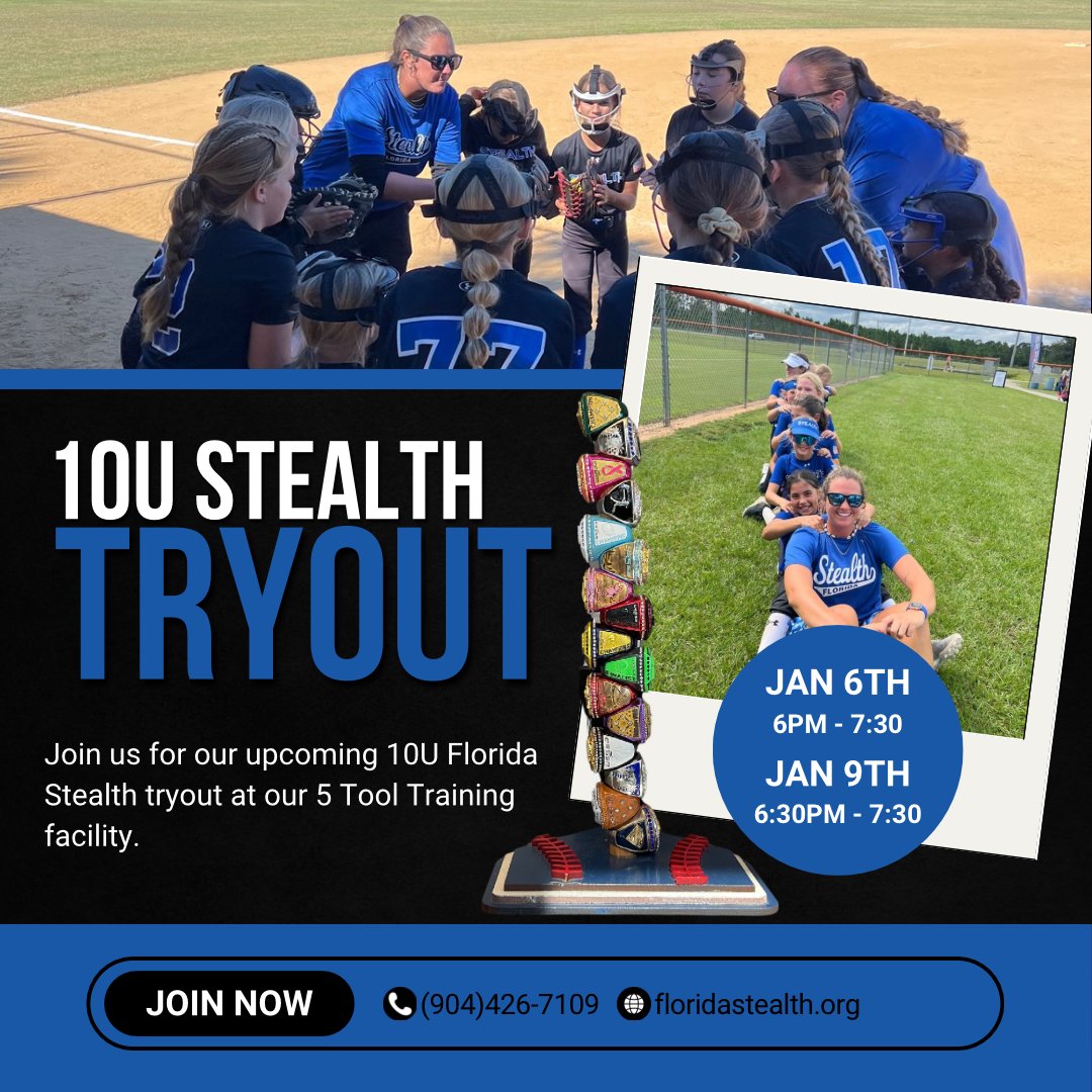 Florida Stealth Softball will be having a final week of tryouts for our 10u team! Join us this upcoming Monday or Thursday at our 5 Tool Training facility!

Sign up form is on our website at floridastealth.org

#travel #softball #stealth #tryouts #sports #jacksonville