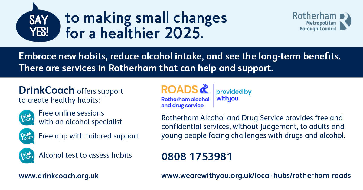 Rotherham Council (@rmbcpress) on Twitter photo Say yes to making small changes to develop long-term healthy habits.
If you’ve reduced your alcohol intake, there are services and help available to help you throughout the year.
Find local support here➡️ bit.ly/49wrc1D
For online support visit➡️ <a href="/DrinkCoach/">DrinkCoach</a> Say yes to making small changes to develop long-term healthy habits.
If you’ve reduced your alcohol intake, there are services and help available to help you throughout the year.
Find local support here➡️ bit.ly/49wrc1D
For online support visit➡️ <a href="/DrinkCoach/">DrinkCoach</a>