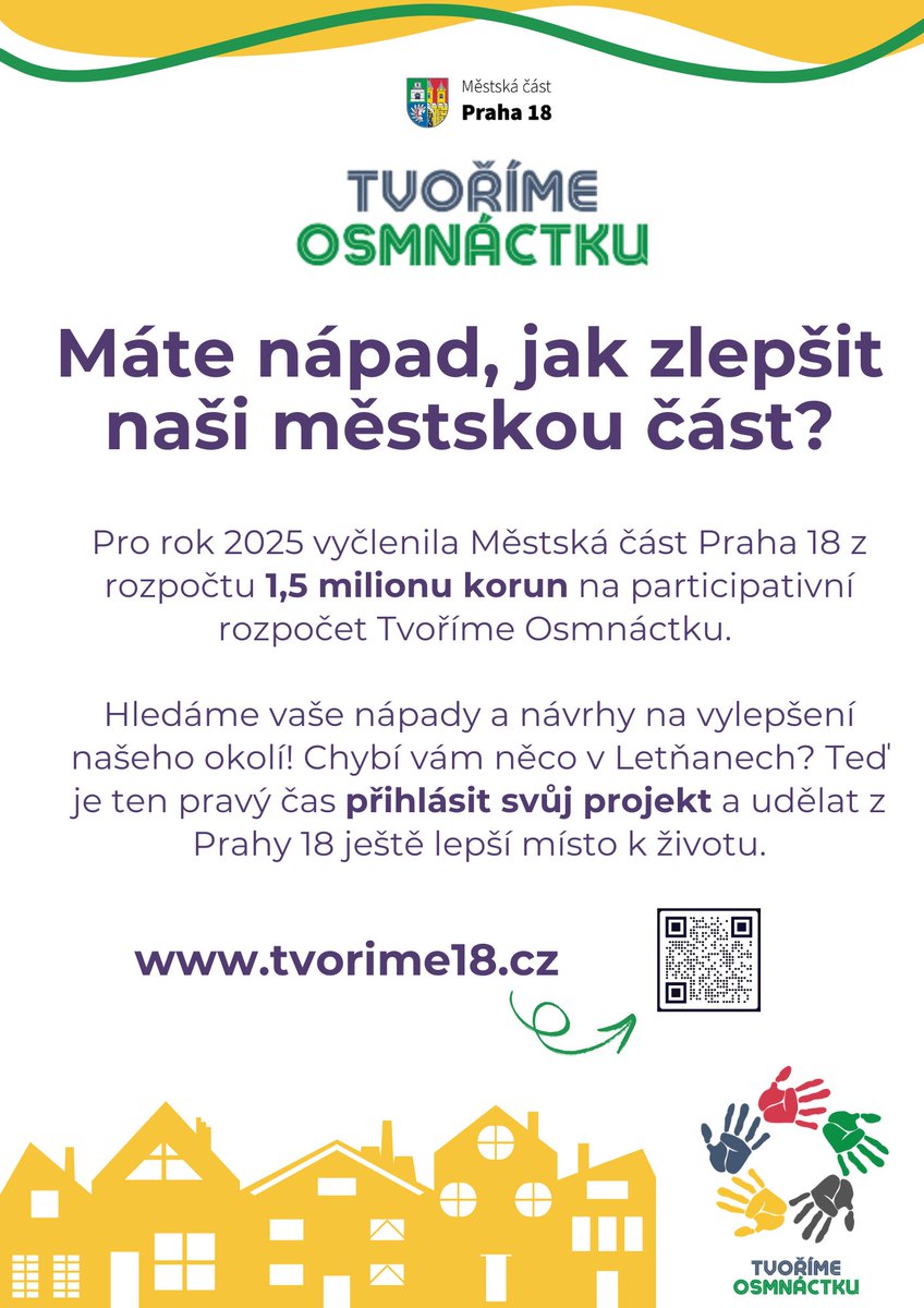 🚀 Participativní rozpočet 2025 je tu! Máte nápad, jak vylepšit Letňany? Přihlaste svůj projekt od 15. 1. do 28. 2. na tvorime18.cz a podílejte se na využití 1,5 milionu korun! 🌟 #TvořímeOsmnáctku
