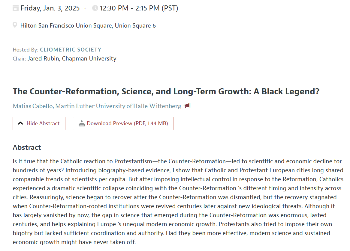 MatCabelloEcon's tweet photo. How the Catholic reaction to Protestantism harmed science! Presenting on this super debated historical question at #ASSA2025, @ClioSociety session chaired by @jaredcrubin: https://t.co/4SCrBKVEet https://t.co/oATGePxM6n