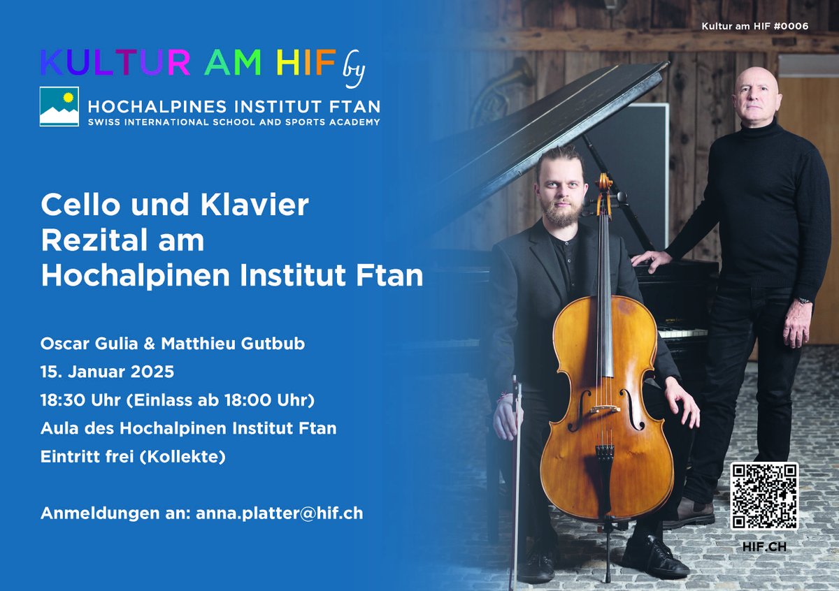 Save the date: #Cello &amp; #Klavier #Rezital am HIF am 15/01/2025. Zwei aussergewöhnliche Musiker - Gulia &amp; Gutbub - gastieren am HIF und tragen Stücke von #Mendelssohn, #Beethoven &amp; #Schumann vor. QR-Code scannen und anmelden - der Eintritt ist frei.
#Kunstgenuss #Engadin #HIF