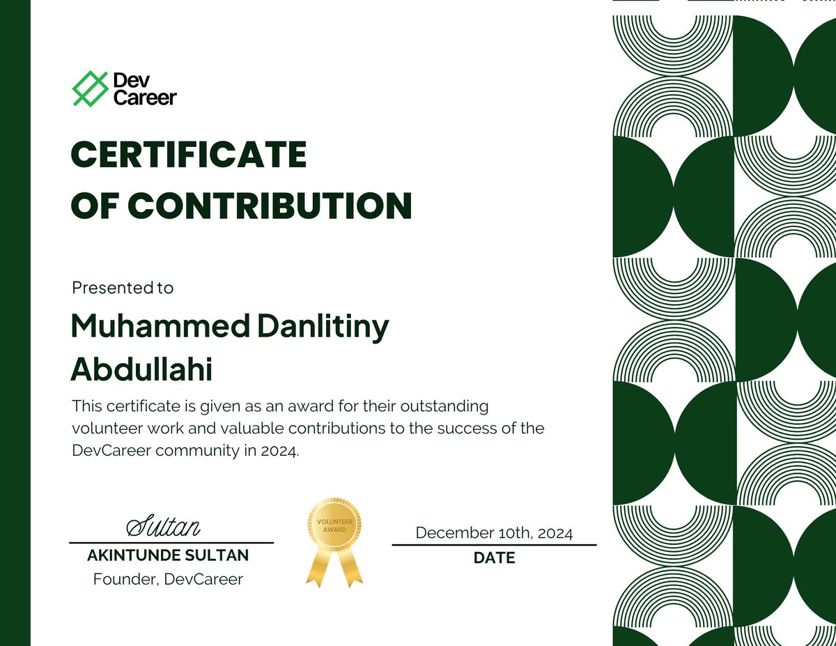 Thrilled to start 2025 with this recognition from <a href="/dev_careers/">DevCareer Africa</a> . Proud to have contributed to empowering the community and achieving great milestones in 2024. Here's to making an even bigger impact this year! 🚀