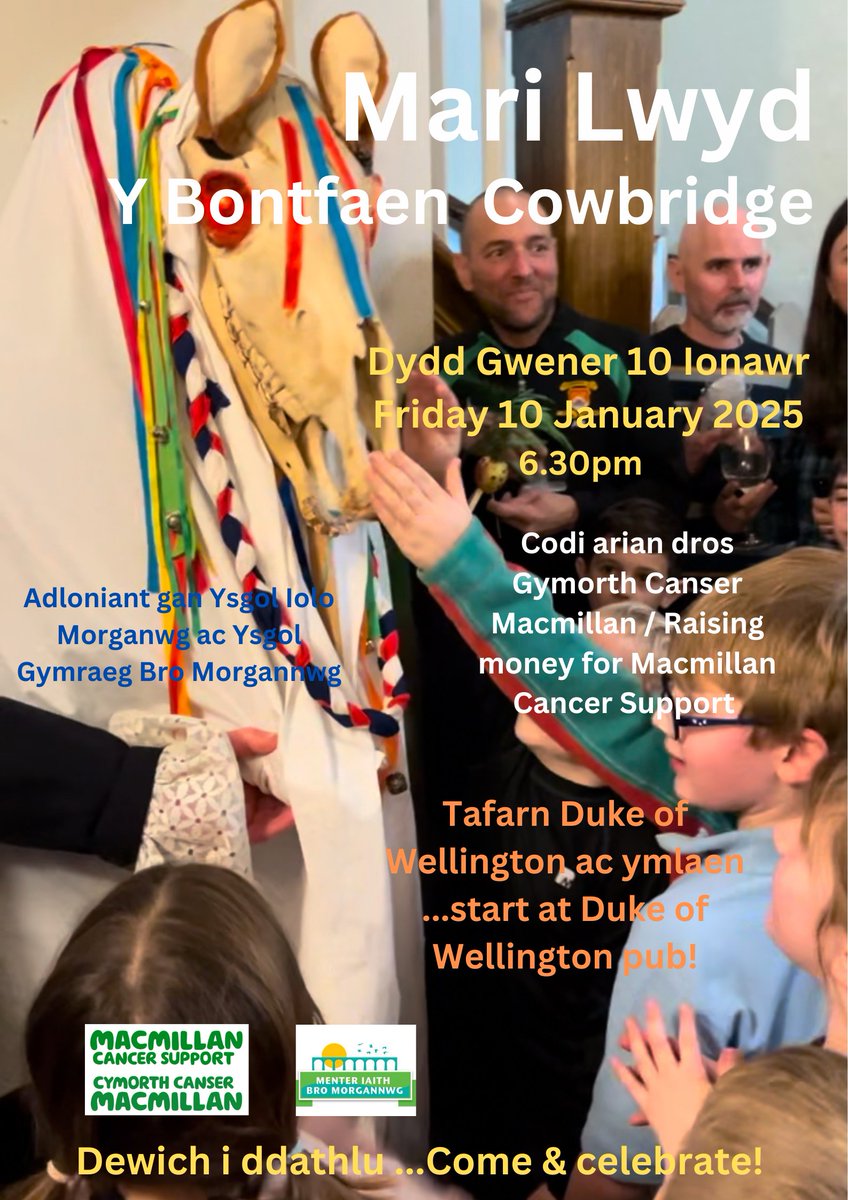 Menter Bro Morgannwg (@mibromorgannwg) on Twitter photo Dewch i ddathlu'r Hen Galan gyda'r Fari Lwyd yn y Bontfaen ar nos Wener 10 Ionawr am 6.30pm! Come & celebrate the 'Welsh New Year' with the Mari Lwyd celebrations in Cowbridge, next Friday 10 January '25! <a href="/LearnWelshBro/">LearnWelshBro</a> <a href="/iolo_morganwg/">IoloMorganwg</a> <a href="/CerddyFro/">Cerddoriaeth YGBM</a> <a href="/YGBroMorgannwg/">Ysgol Y Fro-Uwchradd</a> <a href="/macmillancancer/">Macmillan Cancer Support</a> Dewch i ddathlu'r Hen Galan gyda'r Fari Lwyd yn y Bontfaen ar nos Wener 10 Ionawr am 6.30pm! Come & celebrate the 'Welsh New Year' with the Mari Lwyd celebrations in Cowbridge, next Friday 10 January '25! <a href="/LearnWelshBro/">LearnWelshBro</a> <a href="/iolo_morganwg/">IoloMorganwg</a> <a href="/CerddyFro/">Cerddoriaeth YGBM</a> <a href="/YGBroMorgannwg/">Ysgol Y Fro-Uwchradd</a> <a href="/macmillancancer/">Macmillan Cancer Support</a>