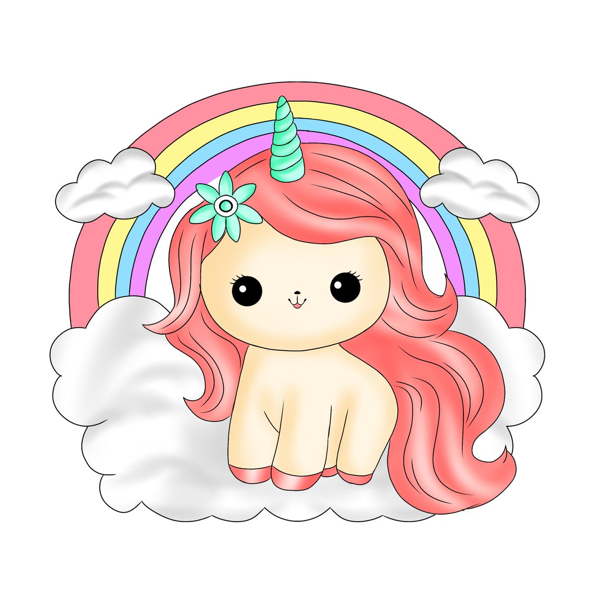 A tiny unicorn named Luna, with a shimmering turquoise horn and flowing pink mane, lived among the clouds. One day, as she pranced through the fluffy white puffs, she discovered a hidden rainbow arching across the sky. Entranced by its vibrant colors.