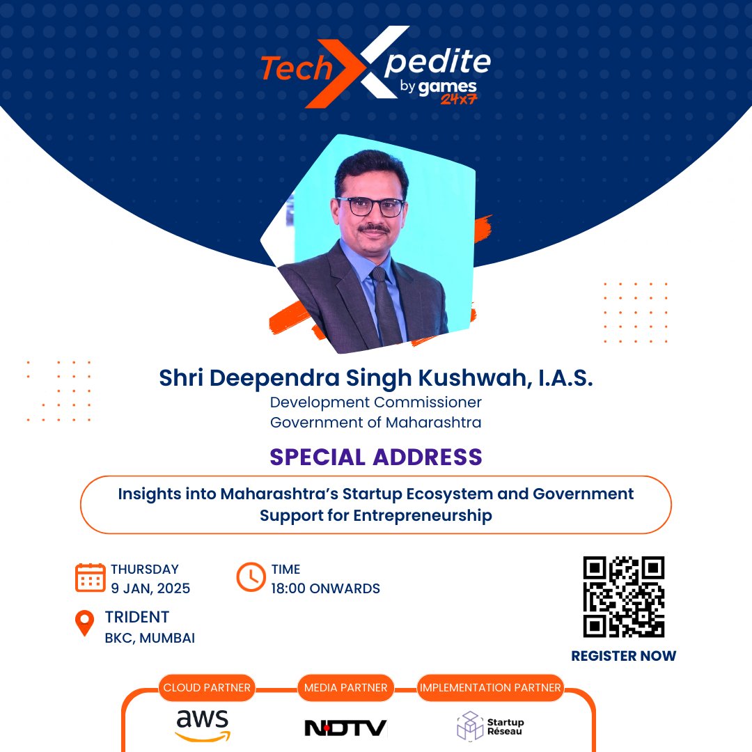 TechXpedite's tweet image. We are honored to welcome Shri Deependra Singh Kushwah, I.A.S., Development Commissioner, Government of Maharashtra, to the TechXpedite VC Roundtable.

9th Jan 2025 |  18:00 | Trident BKC
Register: lu.ma/65m2ha2n

#TechXpedite2024  #StartupIndia