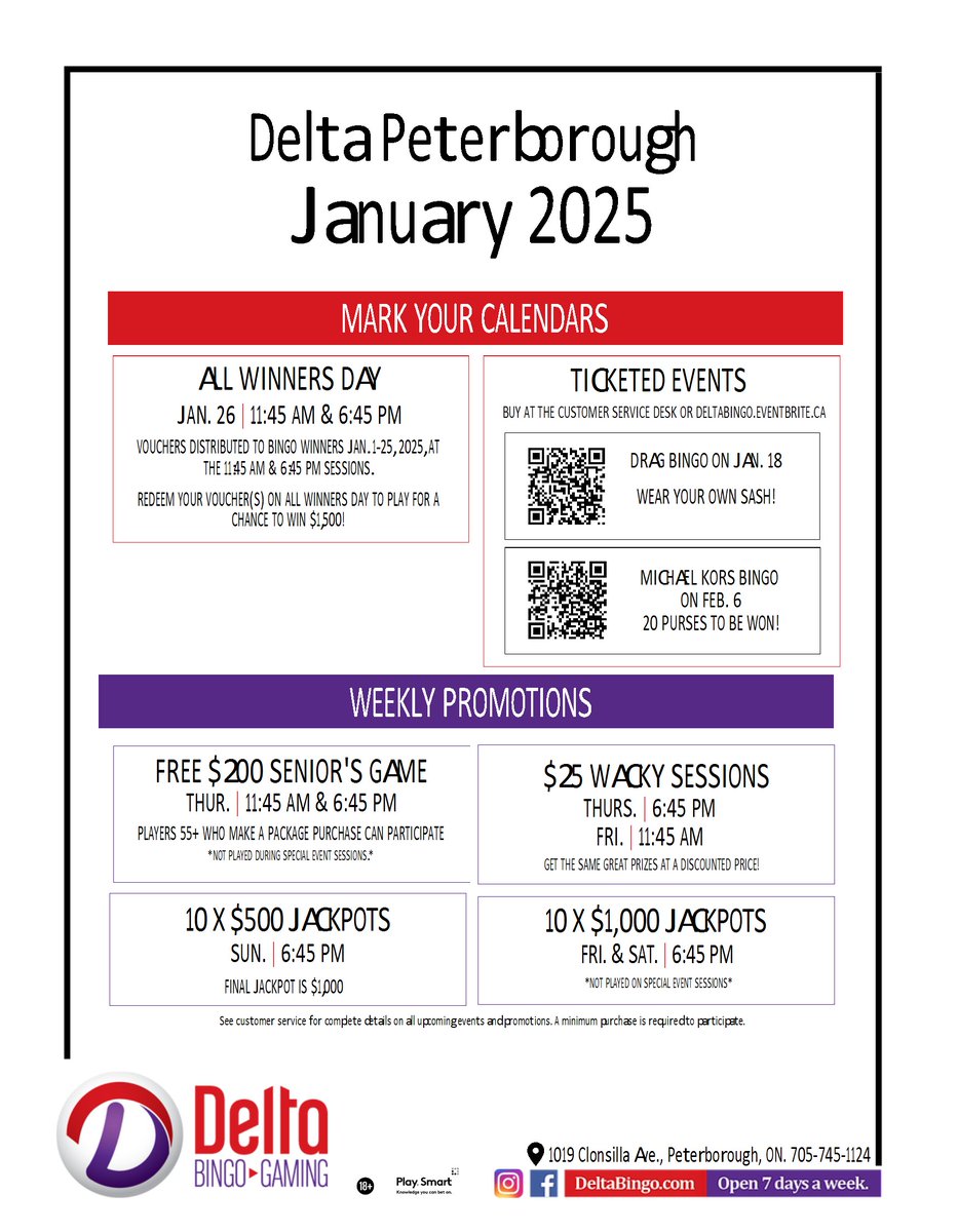 Happy New Year 2025. Pls check out the Delta Bingo January 2025 calendar below. Thanks to all who play and help out local charities like <a href="/BrainInjuryPTBO/">B.I.A.P.R.</a> !