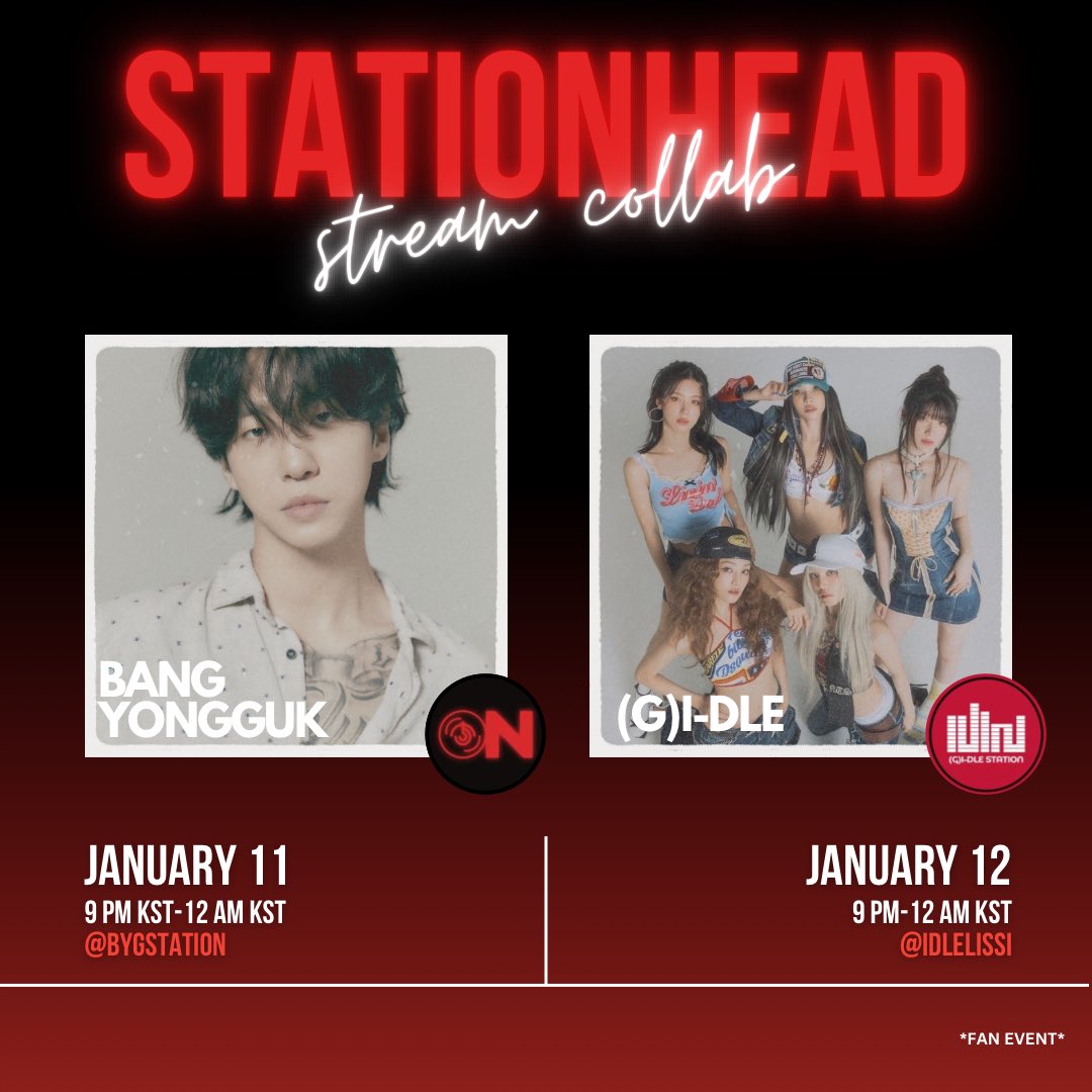 BYGSTATION's tweet image. 📢 STATIONHEAD COLLAB

Join us next weekend for our #GIDLExBYG collab with @G_I_DLEStation

DAY 1:
🗓️ JAN 11
⏰ 9 PM-12 AM KST
🔘 stationhead.com/bygstation

DAY 2:
🗓️ JAN 12
⏰ 9 PM-12 AM KST
🔘 stationhead.com/idlelissi

#BANGYONGGUK #방용국 #BAP #비에이피
#여자아이들 #GIDLE