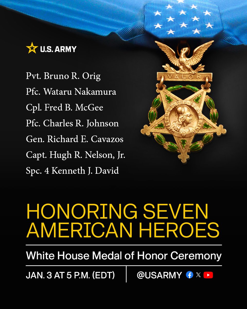 #Breaking. The Medal of Honor will be awarded on Jan. 3, 2025, to seven U.S. Army Soldiers who distinguished themselves through their bravery and sacrifice during the Korean and Vietnam Wars.