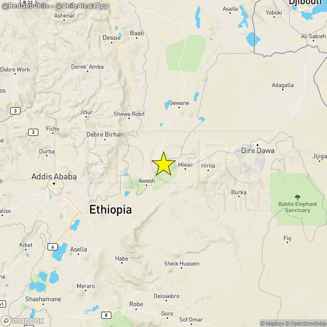 RedGeoChile's tweet image. REVISADO - INTERNACIONAL ⚠️ | Sismo de magnitud 5.5 (Mw) ocurrió a las 14:01:45 de hoy, viernes 03 de enero del 2025, a 44 kilómetros al noreste de #Āwash, #Etiopía a una profundidad de 10 kilómetros (Fuente: #USGS).

* Es el sismo de mayor magnitud registrado desde el inicio del