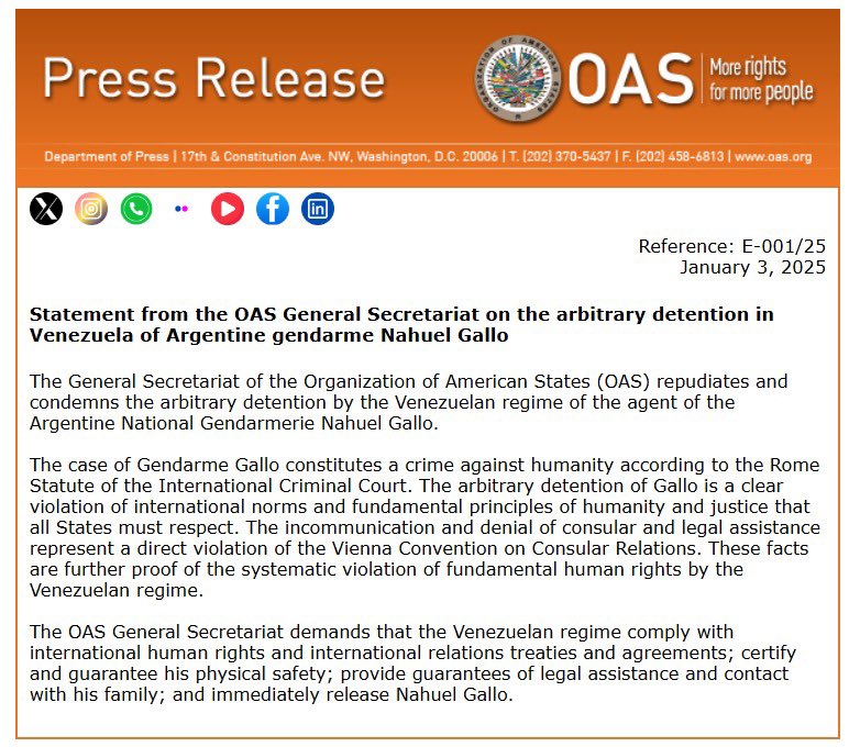 Statement from the OAS General Secretariat on the arbitrary detention in Venezuela of Argentine gendarme Nahuel Gallo

oas.org/en/media_cente…