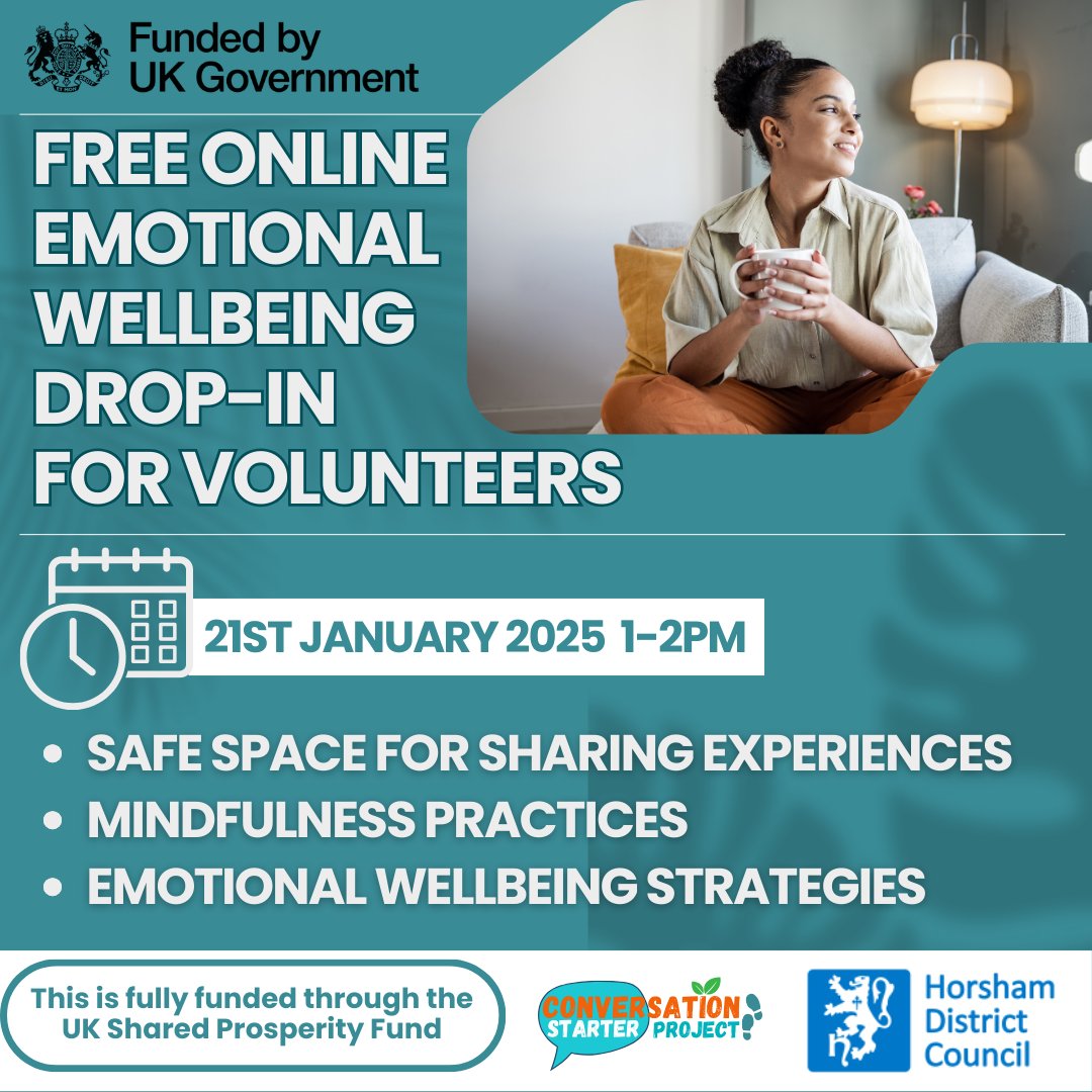 Horsham District Voluntary Sector Support (@myhorsham) on Twitter photo Are you a volunteer looking for a space to recharge and refresh this new year? You're invited to join <a href="/ConStartProject/">Conversation Starter Project CIC</a> at an online wellbeing drop in, to chat to other volunteers and gain tools to support your wellbeing!
Book your free place: orlo.uk/FmtWd
#Wellbeing Are you a volunteer looking for a space to recharge and refresh this new year? You're invited to join <a href="/ConStartProject/">Conversation Starter Project CIC</a> at an online wellbeing drop in, to chat to other volunteers and gain tools to support your wellbeing!
Book your free place: orlo.uk/FmtWd
#Wellbeing