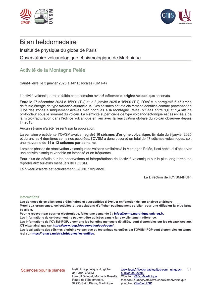 Le bilan hebdomadaire de l’activité de la Montagne Pelée pour la période du 27 décembre 2024 au 3 janvier 2025 est disponible. Retrouvez les bilans précédents sur le site de l'OVSM-IPGP: ipgp.fr/fr/ovsm/bilans