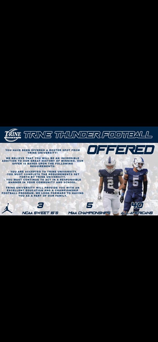 Blessed to receive an offer from trine university! Thank you <a href="/CoachWilliamsJ/">Jonas Williams</a> for this opportunity. <a href="/TrineUniversity/">Trine University</a> <a href="/fb_hanover/">Hanover Central Football</a> <a href="/IndianaPreps/">Indiana Preps</a> <a href="/Indyrecruit_/">IndyRecruit</a> <a href="/Coach_Grezenko/">AJ Grezenko</a>