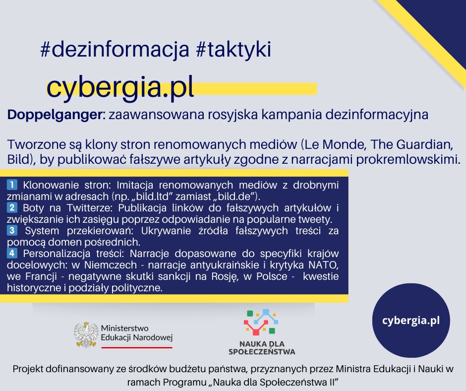 Doppelganger: rosyjska operacja #dezinformacja. Klonuje strony renomowanych mediów (Le Monde, Bild) i szerzy fałszywe treści
Cele:
📌 Podważa zaufanie do rządu
📌 Promuje narracje prorosyjskie
📌 Wzmacnia podziały społeczne #Cyberbezpieczeństwo
cybergia.pl <a href="/MEN_GOVPL/">Ministerstwo Edukacji Narodowej</a>
