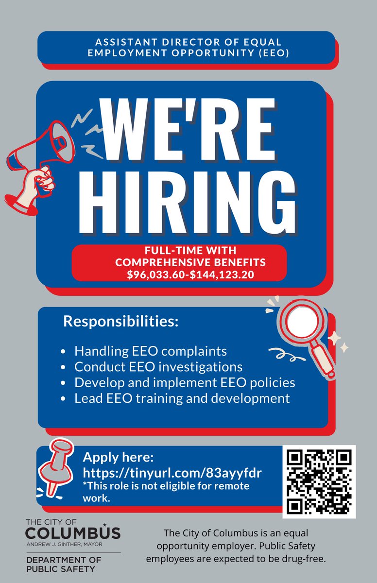 Join our team! We’re seeking an energetic and self-motivated person to serve as the Assistant Director of Equal Employment Opportunity (EEO) for the Department of Public Safety. 

To apply: bit.ly/41YLbnS

#NowHiring #PublicSafety #ColumbusJobs #Columbus #EEO