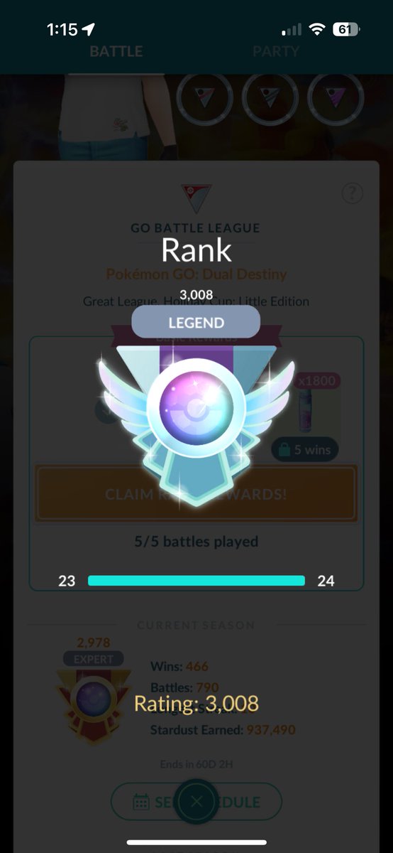 CopeyAndy's tweet image. We hit legend in the Go Battle League!  🥳🥳🥳.  Ggs to all my opponents!  Corsola is the GOAT!