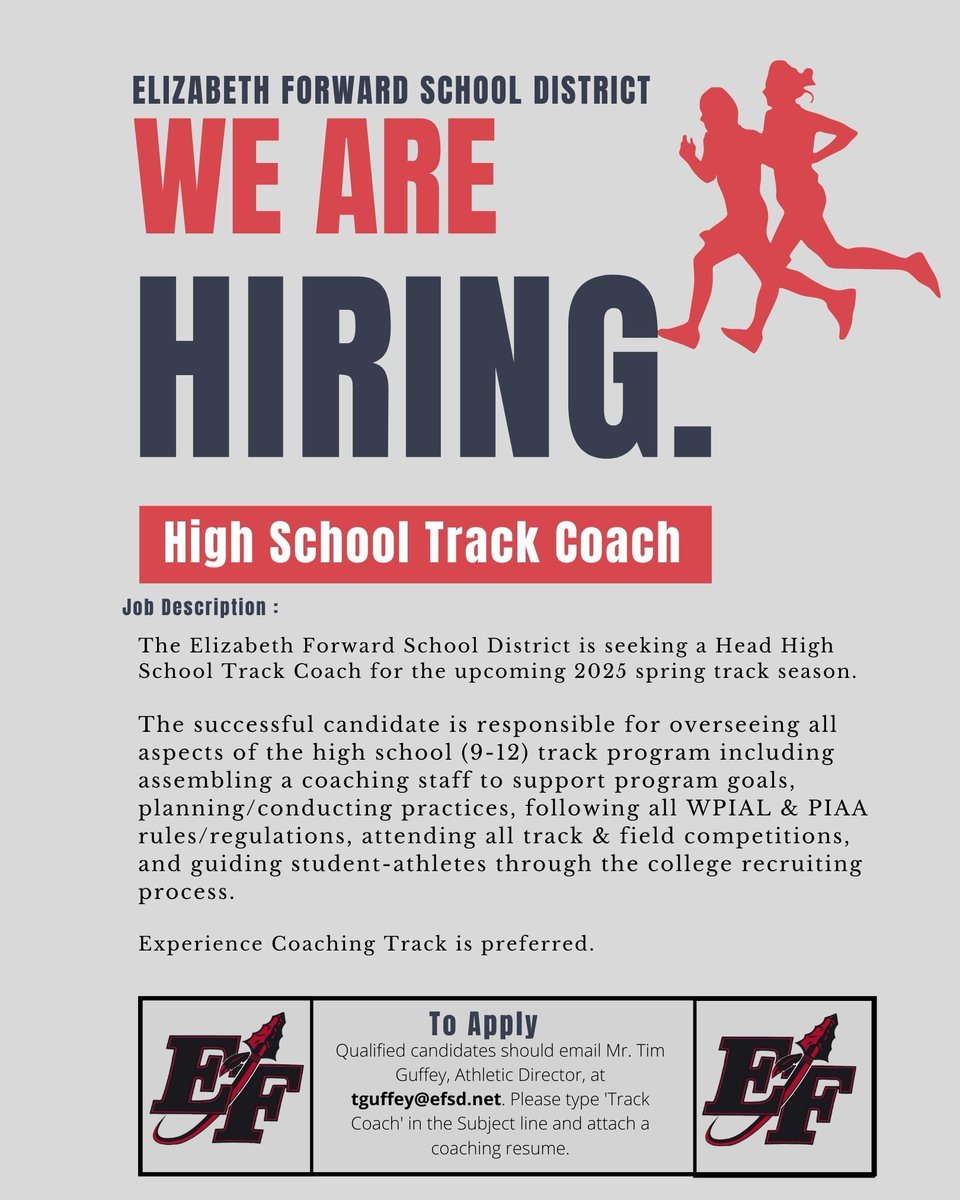.@efwarriors looking for a Varsity Track Coach. See details below.