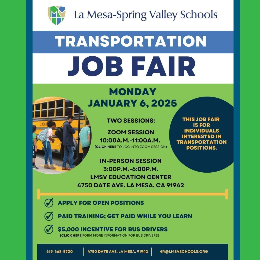 New job opportunities in our transportation department! Visit a virtual or in-person job fair on Monday, January 6. Paid training, competitive pay, free childcare, and a benefits package. Check website for job listings and register for the Zoom call here: buff.ly/4gBukMm